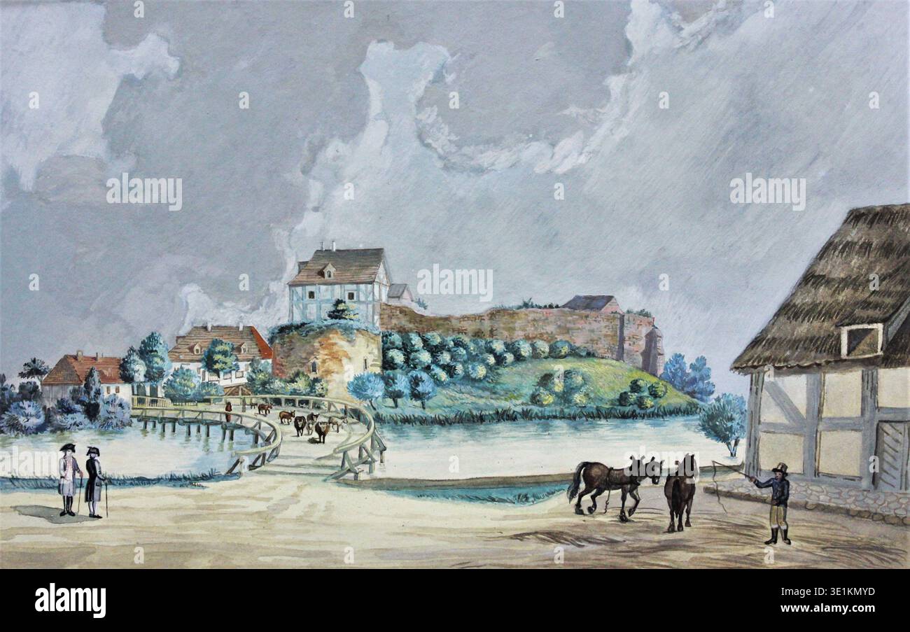 Karol Alberti (dates inconnues) était un artiste polonais qui a peint cette aquarelle du château de Midzyrzec à la fin du XVIIIe siècle (vers 1790-1792). L'œuvre représente le château au cours des dernières années du XVIIIe siècle, offrant un aperçu du patrimoine architectural polonais. Banque D'Images