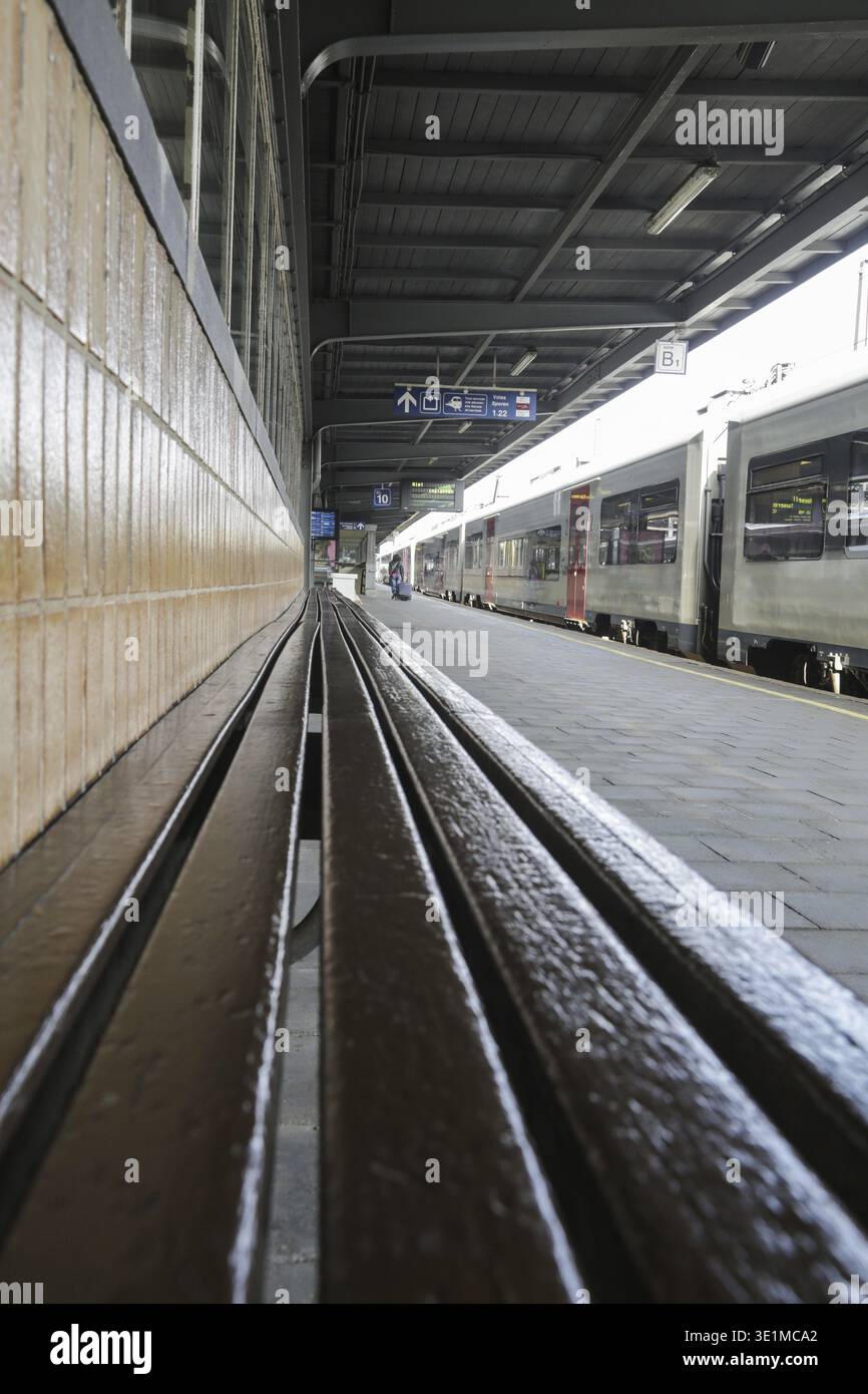 Les voies ferroviaires et les trains dans la gare sud de Bruxelles Banque D'Images