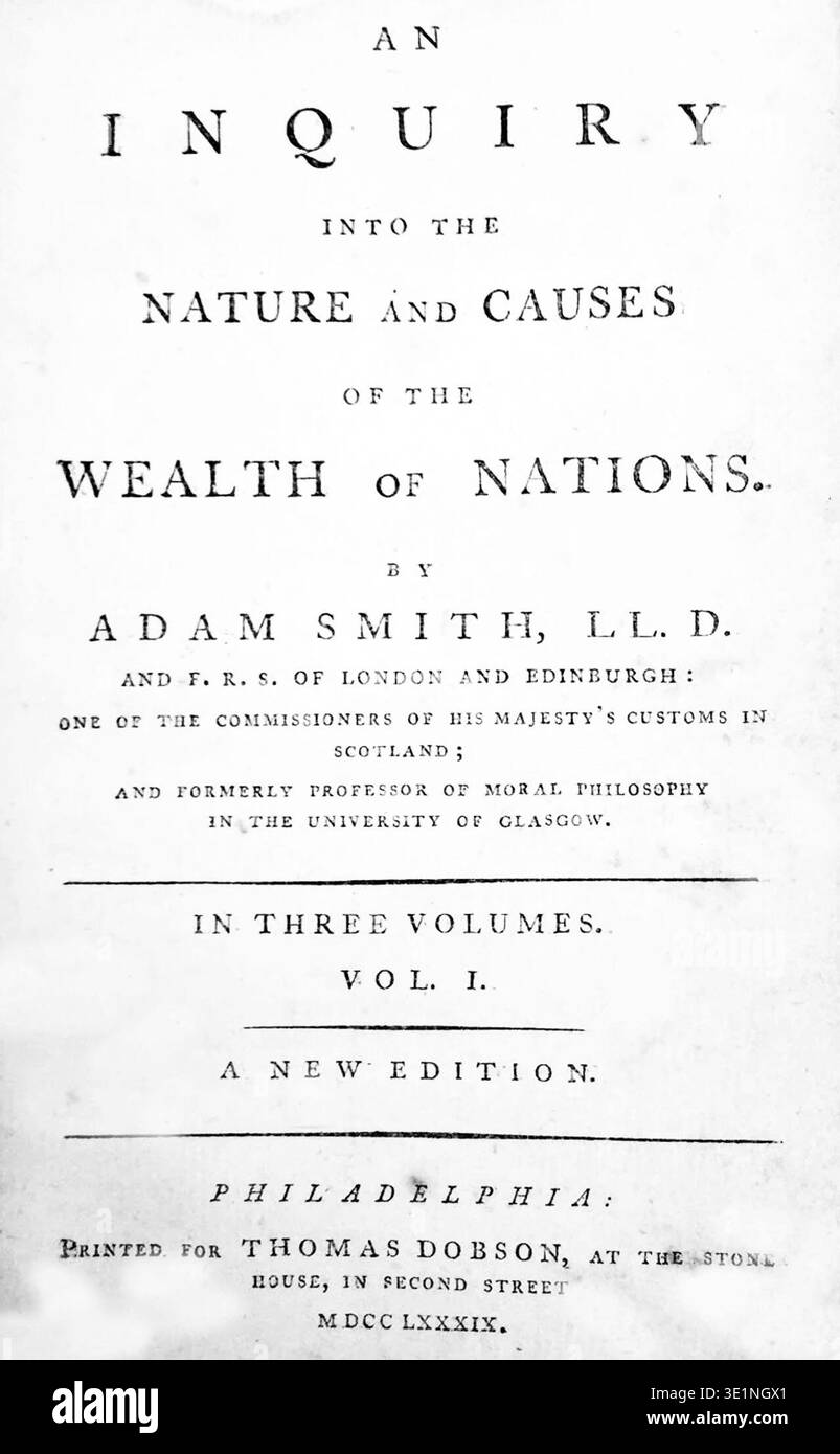 ADAM SMITH (1723-1790) économiste et philosophe écossais. Page de titre d'une première réimpression américaine, vers 1776 Banque D'Images