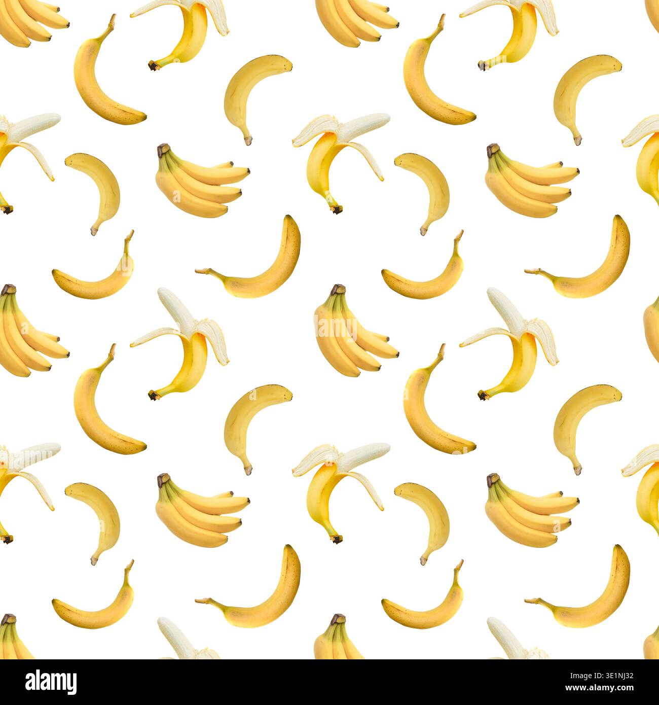 Arrière-plan de motif sans couture dispersé de bananes entières, pelées et en grappe Banque D'Images