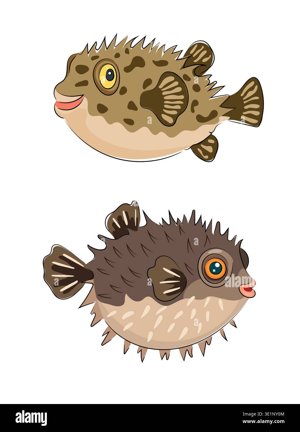 Poisson puffer de dessin animé, poisson fugu épineux mignon, animal marin, illustration vectorielle plate de poisson océanique tropical isolé sur fond blanc. Dessiné à la main, gribouillage Illustration de Vecteur