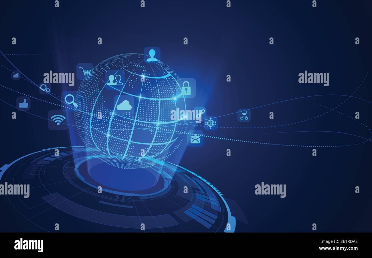 concept de technologie de communication ou de réseau mondial, globe futuriste avec icônes de technologie numérique Illustration de Vecteur