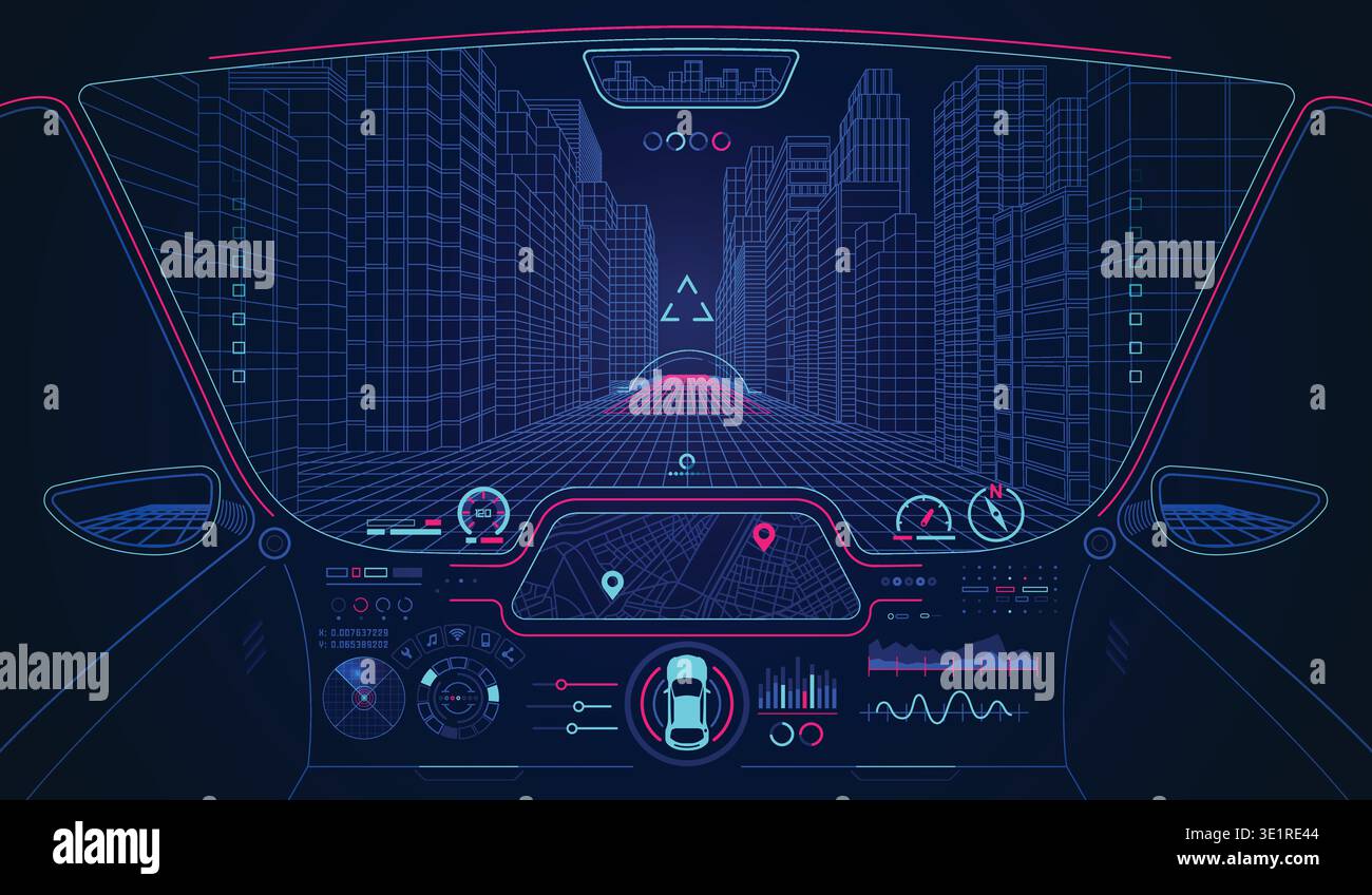 Concept de transport futur ou voiture intelligente, cockpit de voiture avec interface ai Illustration de Vecteur