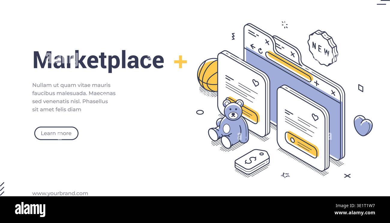 Modèle de bannière d'achat en ligne isométrique. Illustration vectorielle d'un marché numérique, concept de commerce électronique pour la conception Web. Style de contour moderne pour un Illustration de Vecteur
