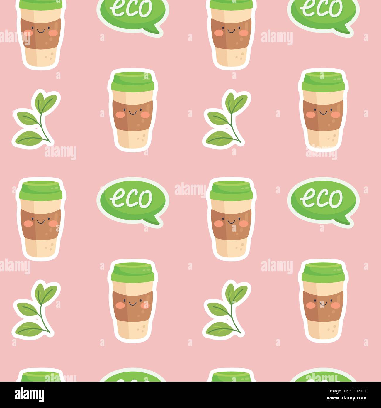 Joli motif sans couture éco avec des feuilles de tasse à café réutilisables et du texte éco sur fond rose Illustration de Vecteur
