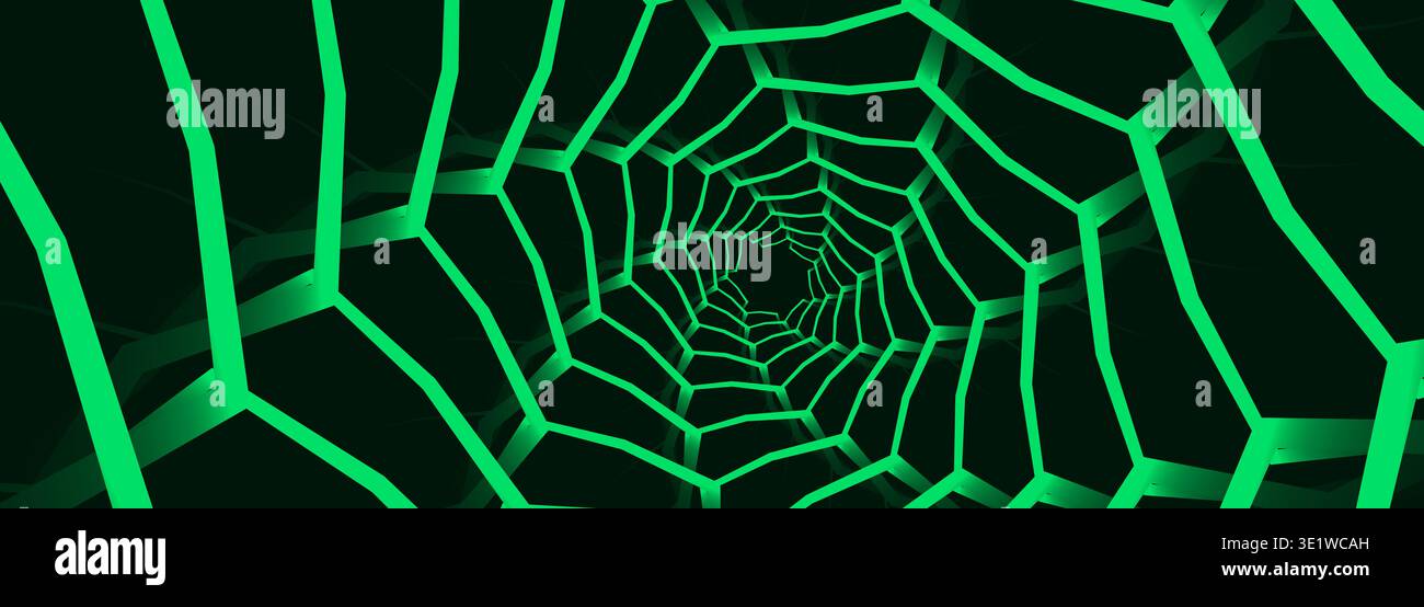 Spirale tunnel au néon vert avec grille hexagonale brillante, illusion de profondeur et point de fuite, surfaces brillantes et éclairage à contraste élevé créant futuriste Banque D'Images