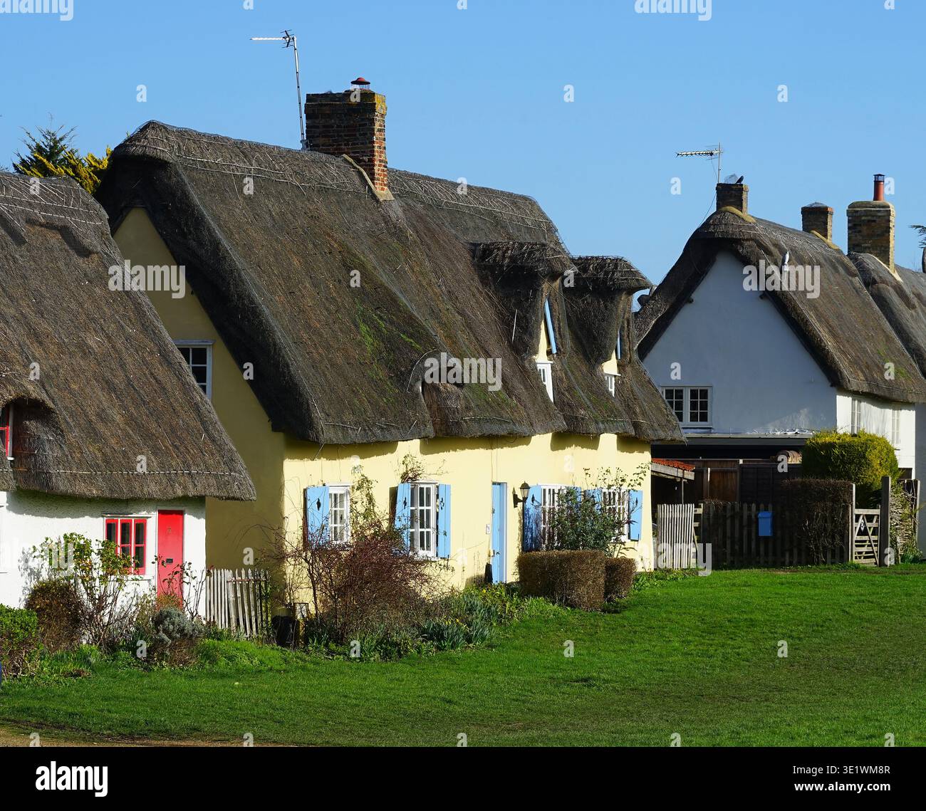 Chalets de chaume sur le vert du village à Barrigton Banque D'Images