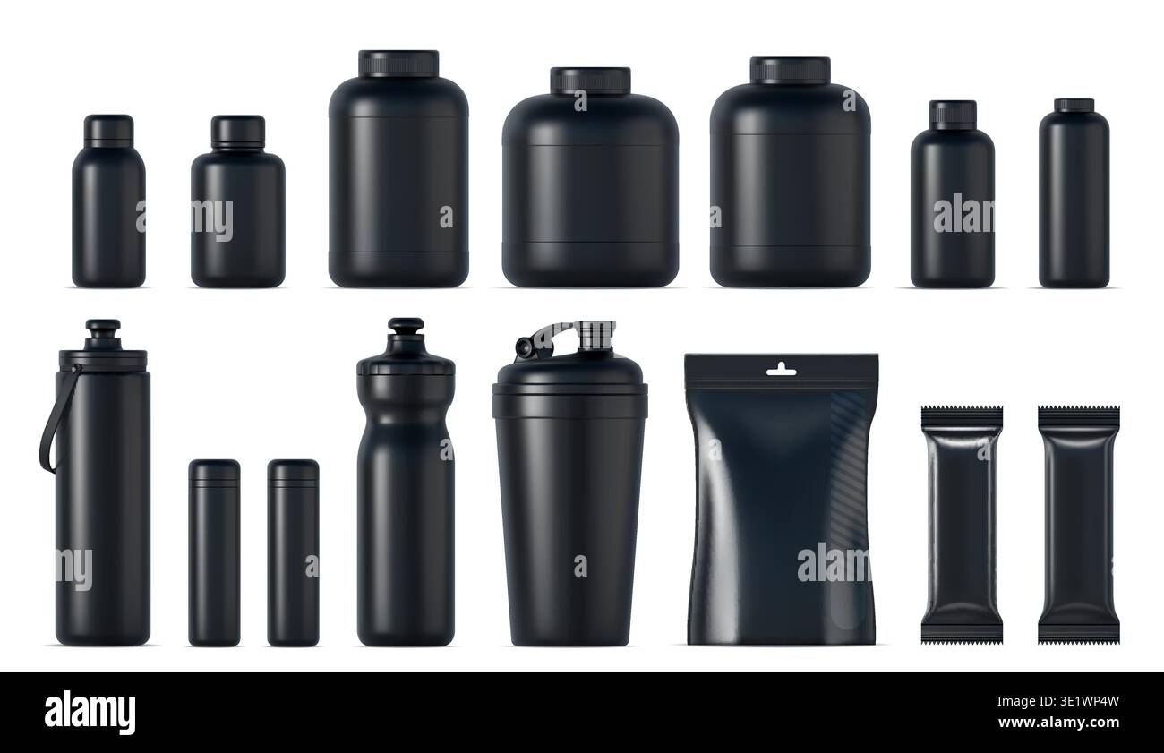 paquet de conteneurs en plastique noir de nutrition sportive 3d, bouteille, shaker et barres maquette. Bouteilles de supplément de fitness vectoriel réaliste. Nourriture, vitamines, boisson énergisante, protéines de lactosérum et suppléments en pots vierges Illustration de Vecteur
