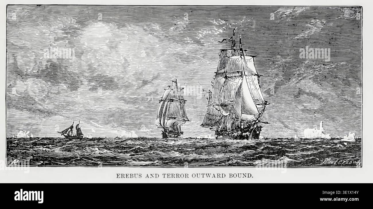 Deux navires de la Royal Navy du XIXe siècle, le HMS Erebus et le HMS Terror, naviguent dans des eaux polaires glacées parmi d'imposants icebergs au cours d'un dangereux voyage d'exploration de Franklin. Au chapitre cxxviii Epoch of Chartisme du LIVRE XXII. Grande-Bretagne dans le volume 15, de l'histoire universelle de Ridpath : un compte rendu de l'origine, de la condition primitive et du développement ethnique des grandes races de l'humanité, et des principaux événements dans l'évolution et le progrès de la vie civilisée entre les hommes et les Nations, à partir de sources récentes et authentiques avec une enquête préliminaire sur le temps, le lieu et la manière du commencement Banque D'Images