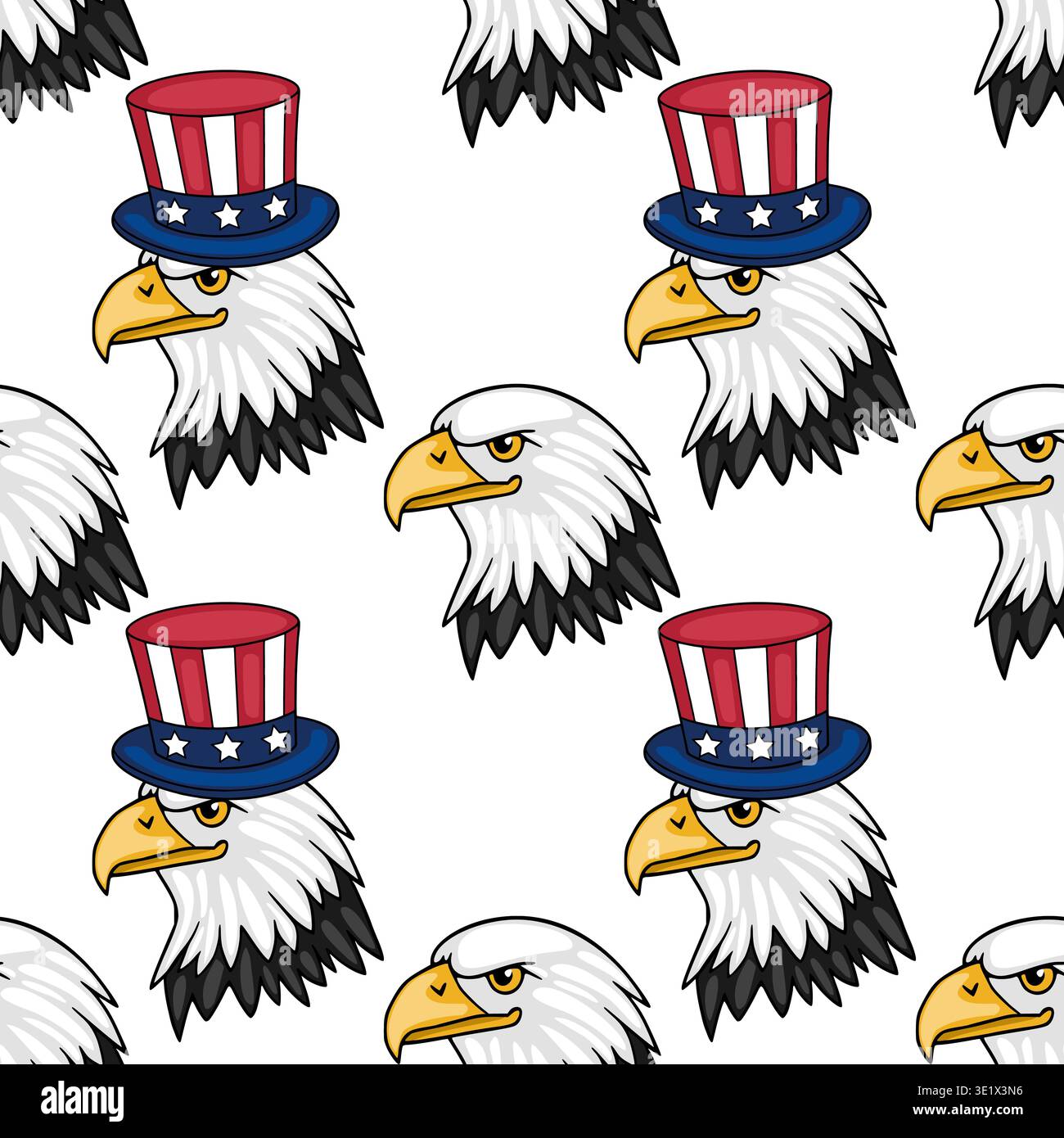 Modèle vectoriel sans couture de têtes d'aigle chauve patriotiques portant des chapeaux d'oncle Sam, parfait pour les célébrations du 4 juillet et les thèmes américains. Illustration de Vecteur
