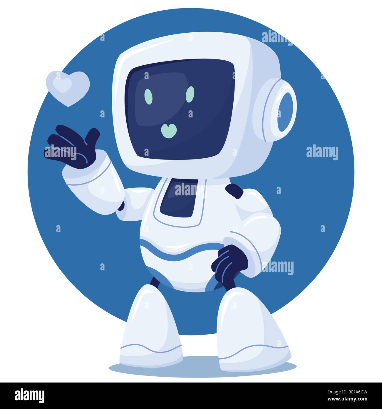 Un personnage android de dessin animé blanc mignon avec un écran pour un visage. Un robot souffle un baiser, l'intelligence artificielle au travail Illustration de Vecteur