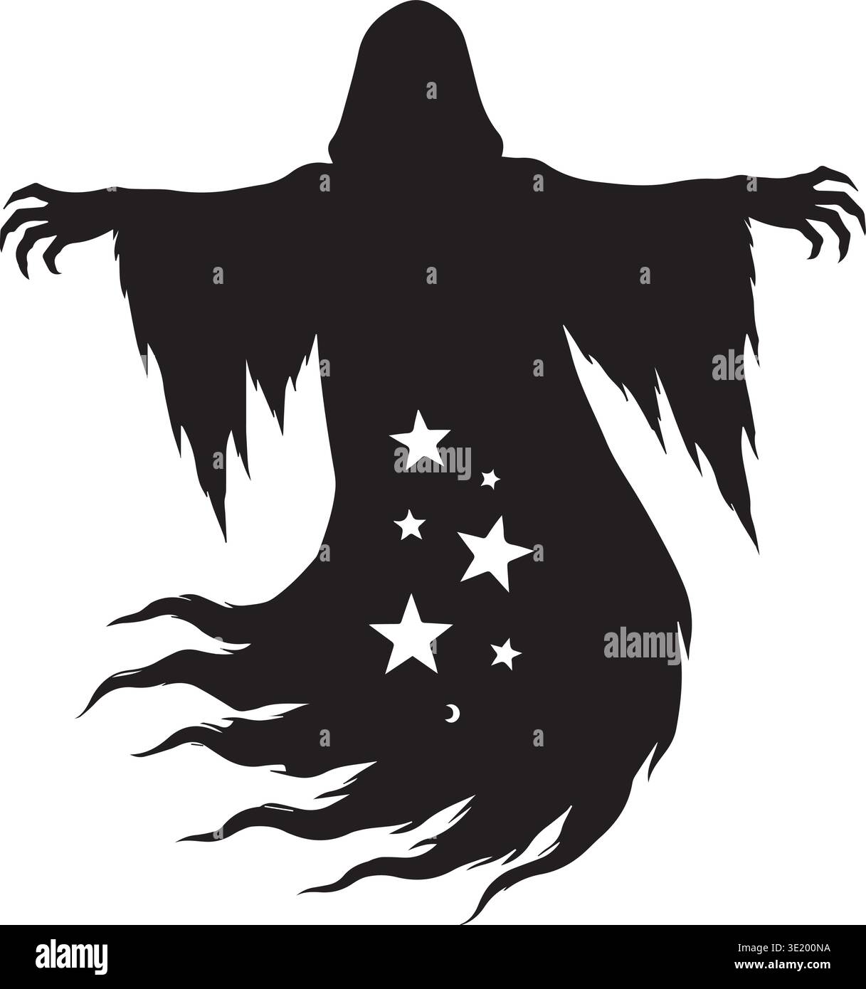 Silhouette fantôme à capuche extensible bras larges avec étoiles en dessous Illustration de Vecteur
