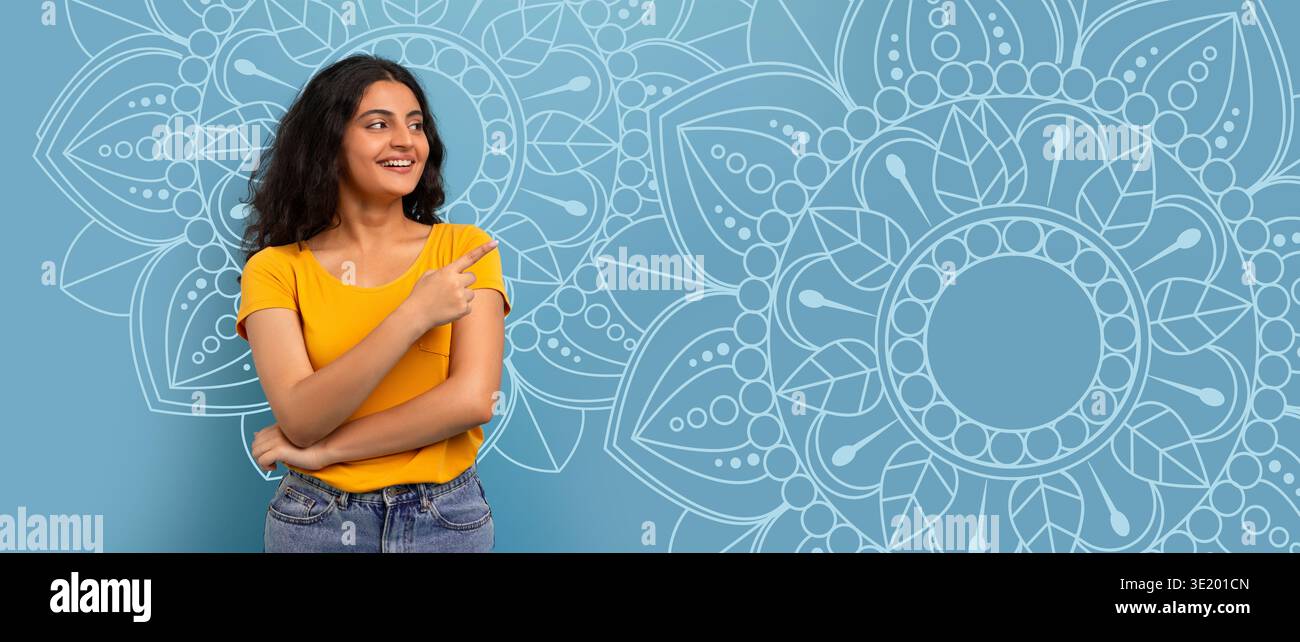Collection d'oeuvres de mosaïque avec une femme pointant devant un design de fond coloré Banque D'Images