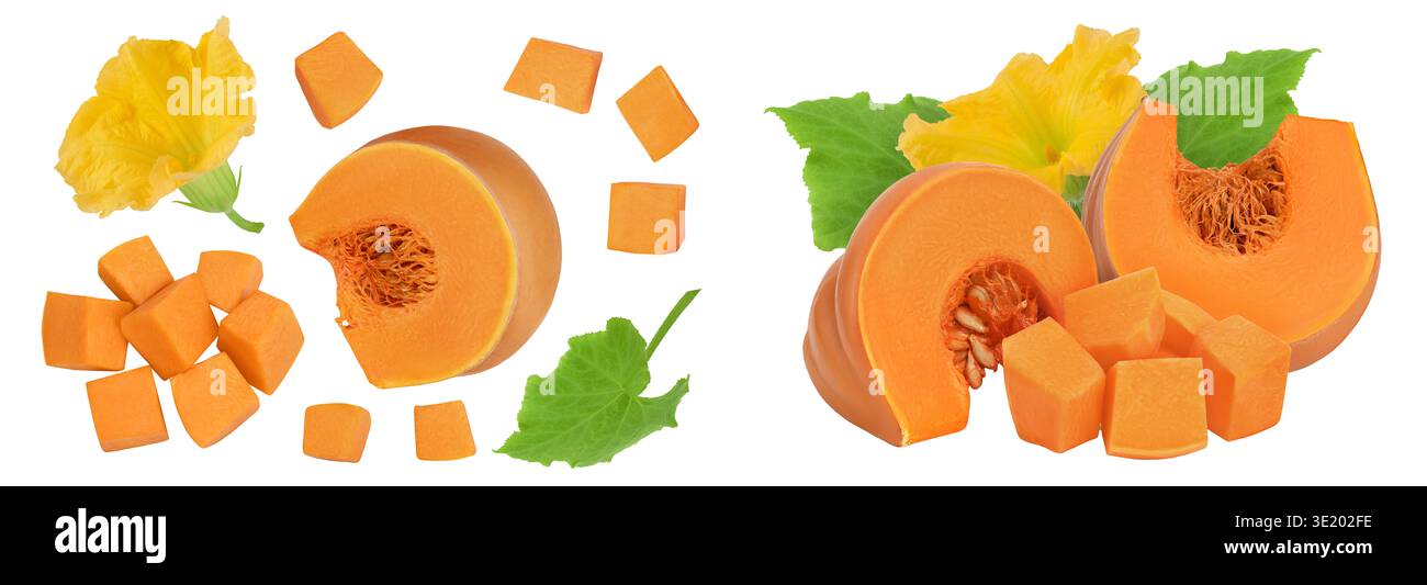 Citrouille orange fraîche isolée sur fond blanc avec une profondeur de champ totale. Vue de dessus. Pose à plat Banque D'Images