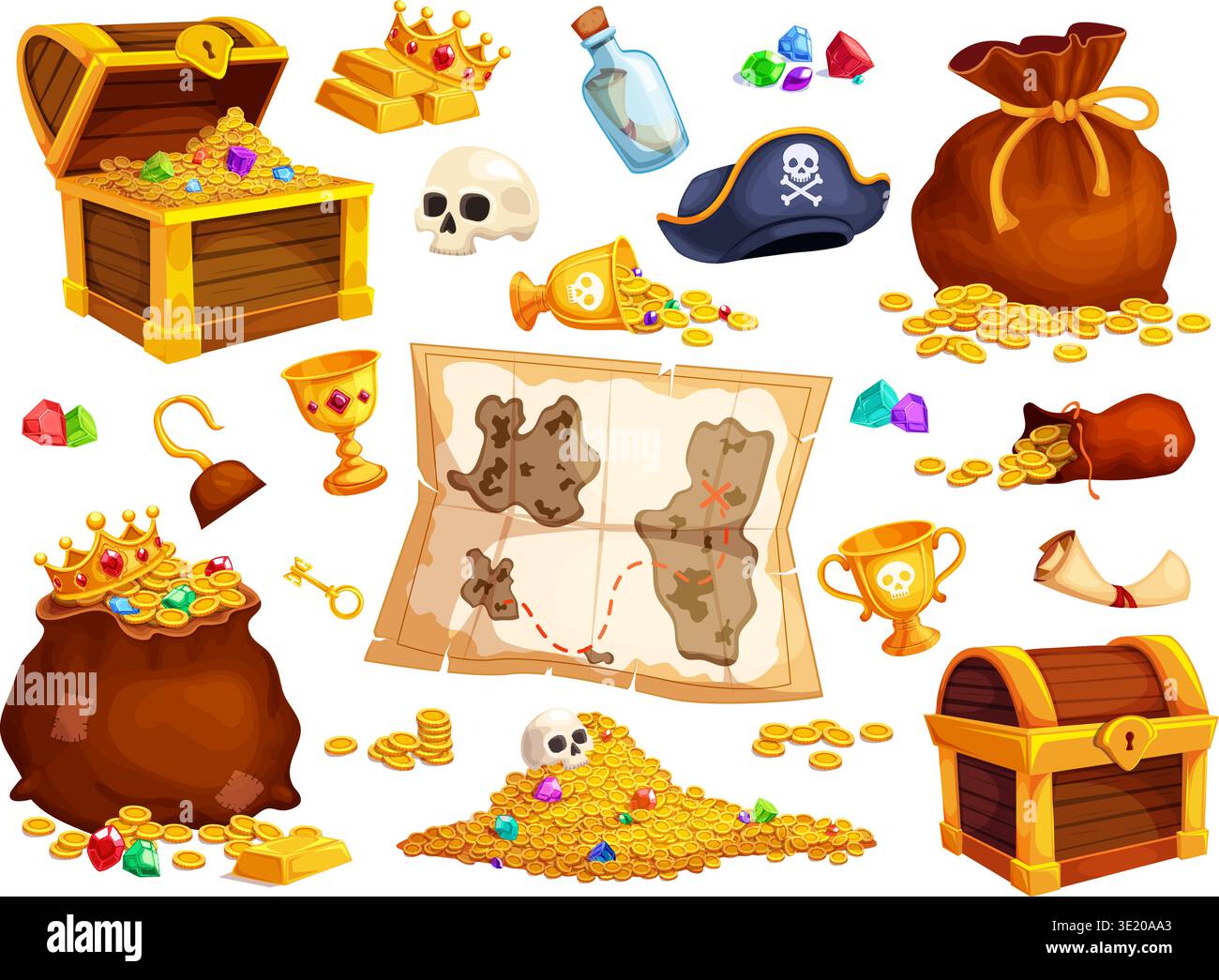 Ensemble de trésors pirates. Trésors coffre, boîte en bois pleins de pièces d'or piles bijoux sacs d'argent d'or médiéval vieux trésor pile trouver la carte du jeu coffres ouverts ingénieux illustration vectorielle illustration originale Illustration de Vecteur