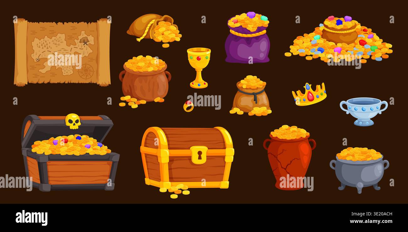 Piles de trésors de pirates. Trésors coffre, boîte en bois pleines pièces d'or bijoux sacs d'argent médiévaux vieux trésor pile trouver la carte du jeu coffres ouverts bijou d'or, illustration vectorielle kicky illustration originale Illustration de Vecteur