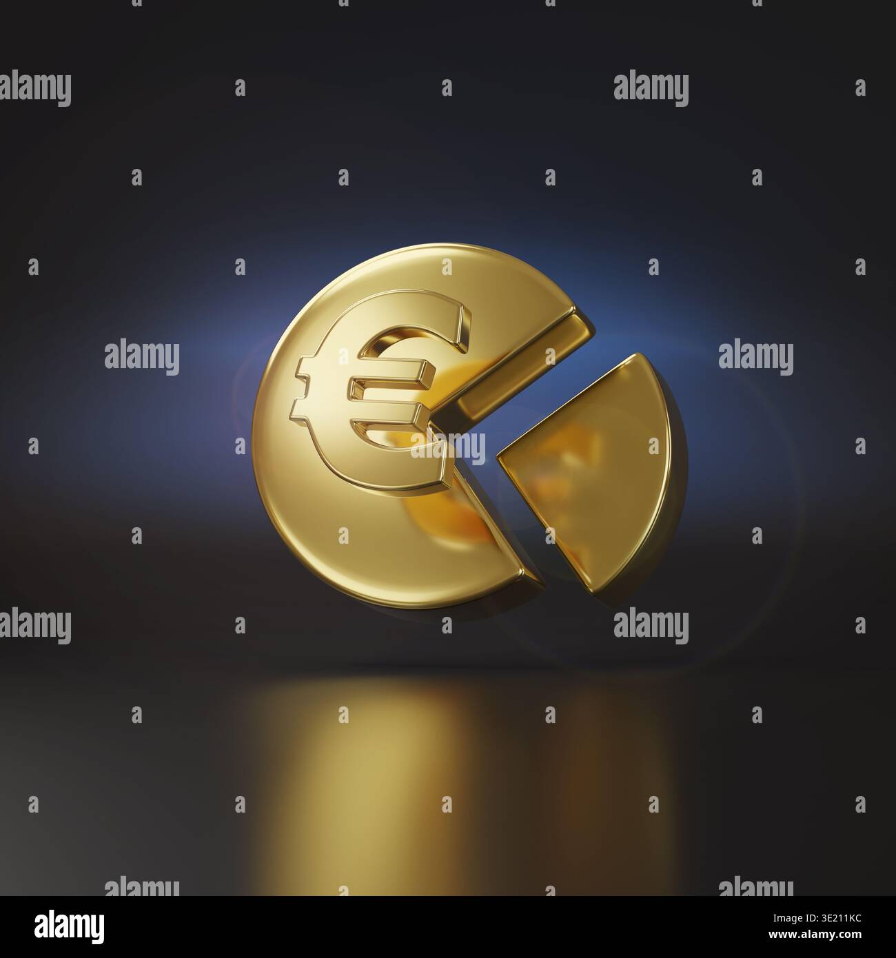 Symbole de l'euro avec graphique circulaire doré isolé sur fond blanc. illustration 3d. Banque D'Images