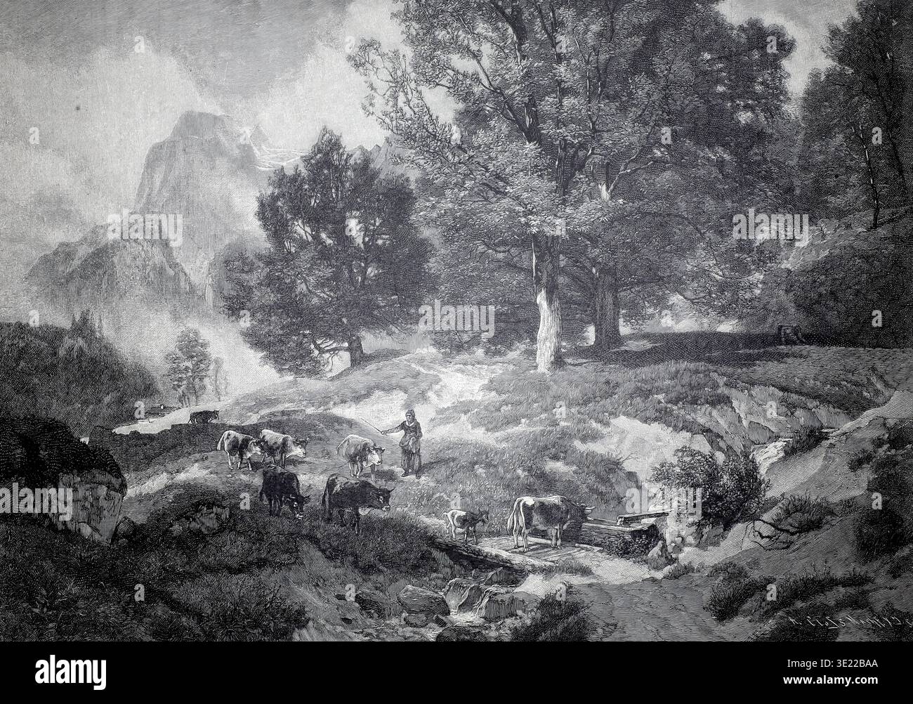Landschaft in der Ramsau mit Kühen und einem Hirten, 1890, BEI Berchtesgaden, Bayern, Allemagne, illustration, reproduction von einer Vorlage aus de Banque D'Images