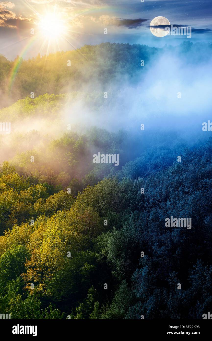 paysage de montagne avec brouillard froid. concept de changement de jour et de nuit. nuages bas au-dessus de la colline boisée avec soleil et lune. paysage extérieur au printemps fo Banque D'Images