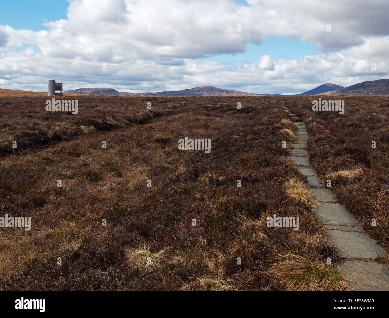 Sentier de la nature à travers la tourbière de couverture avec la Tour de regard au-delà, Forsinard Flows nature Reserve, Forsinard RSPB Reserve, Sutherland, Highland Region, Banque D'Images