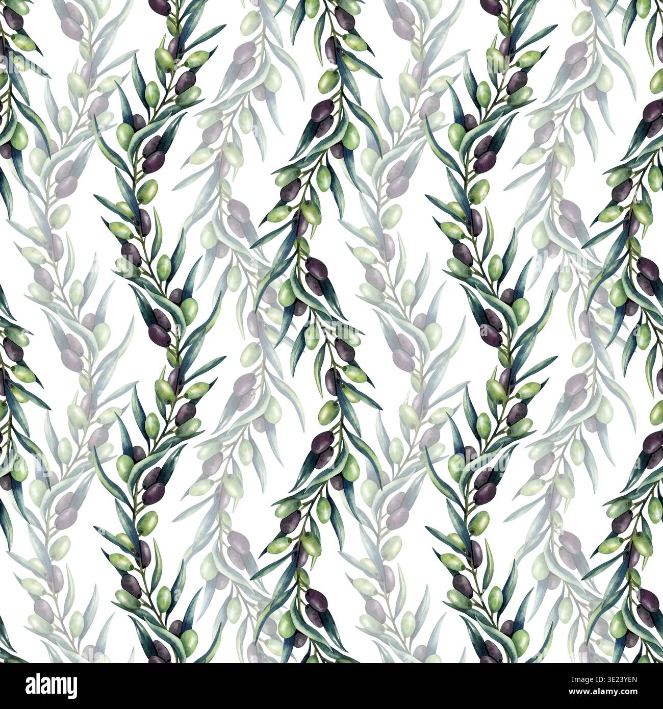 Motif sans couture de branche d'olive aquarelle. Olives vertes et foncées, feuilles, verdure. Répéter l'illustration isolée de l'arrière-plan. Art peint à la main Banque D'Images