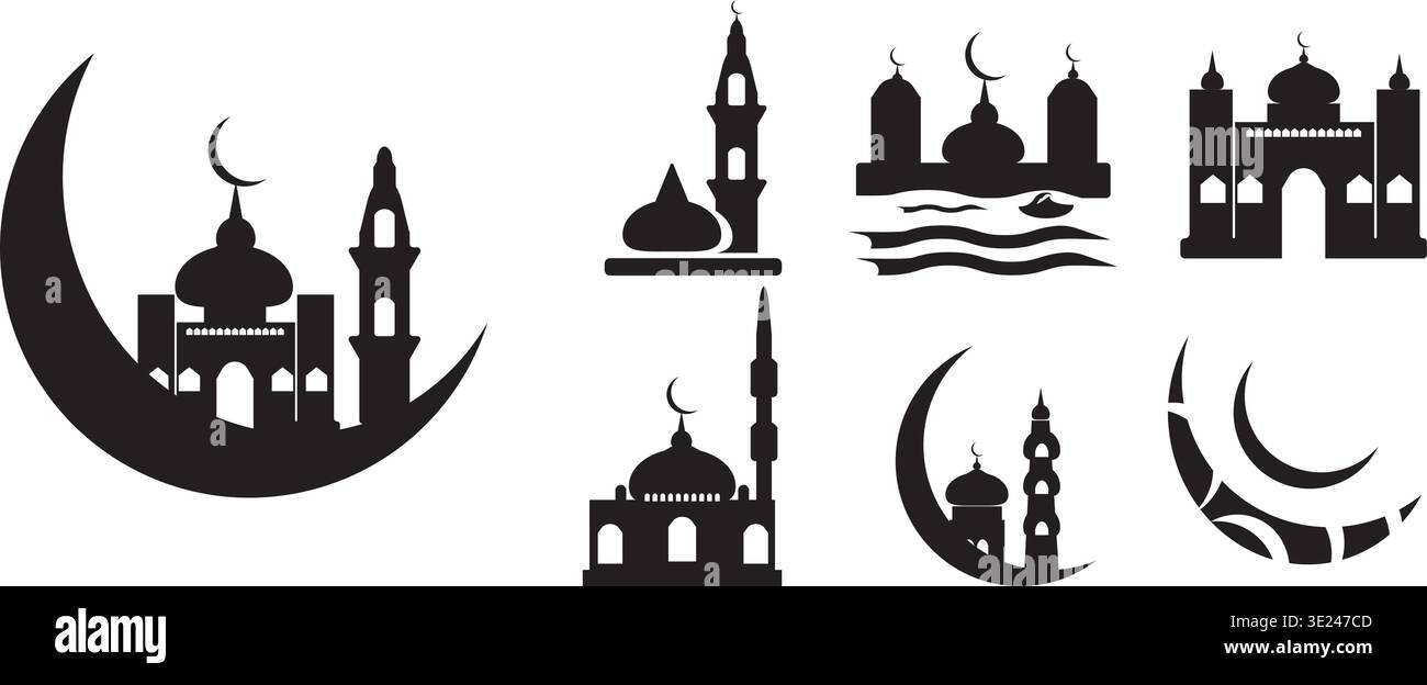 Icônes de silhouette de mosquée avec minaret en croissant de lune et thème de l'architecture islamique Illustration de Vecteur
