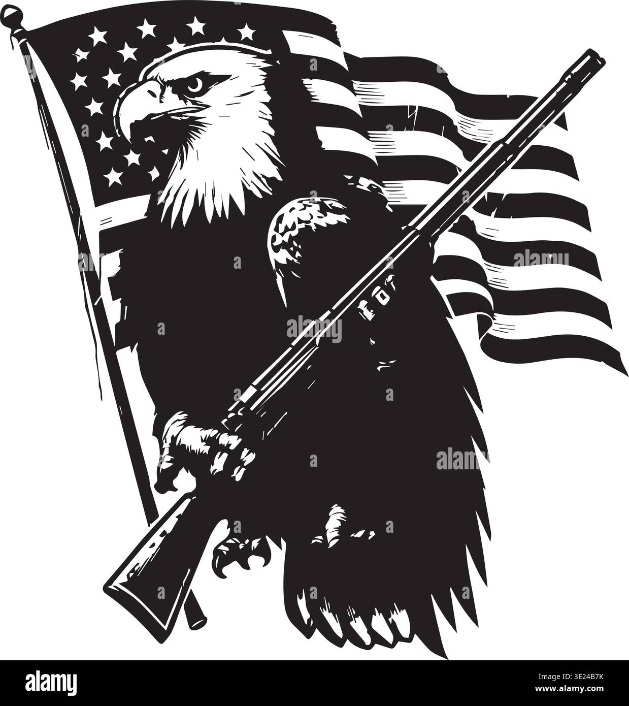 Fusil Bald Eagle tenant avec American Flag Patriotic Vector Design Illustration de Vecteur
