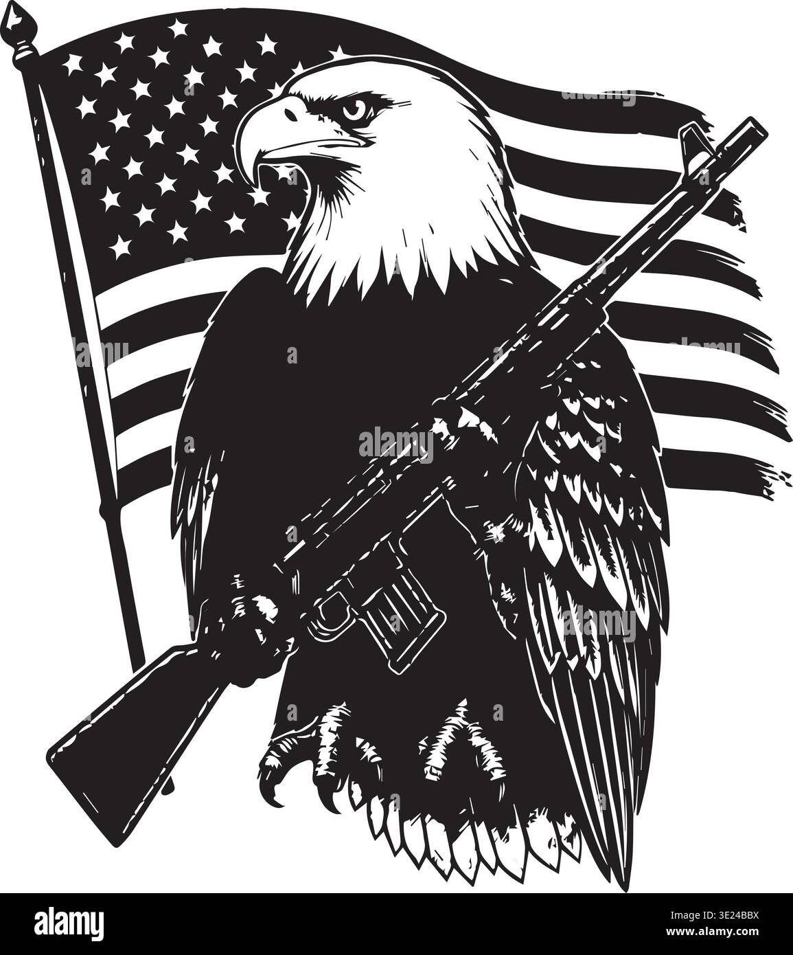 Aigle chauve tenant un fusil avec l'emblème patriotique du drapeau américain Illustration de Vecteur