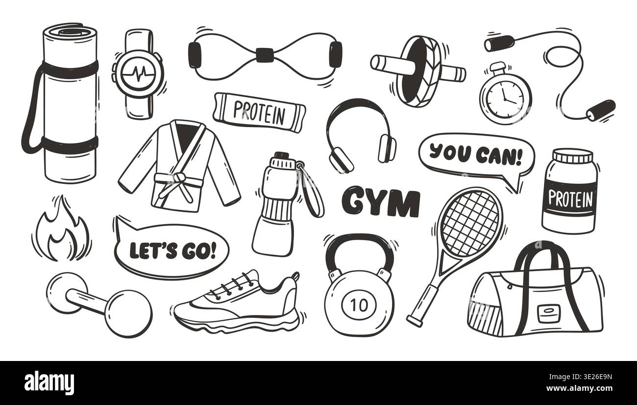 Ensemble d'icônes de contour d'équipement de gymnastique avec haltères dessinés à la main et équipement d'entraînement pour l'interface utilisateur de l'application de fitness, des affiches de style de vie sain, et de l'énergie ou de la motivation Illustration de Vecteur