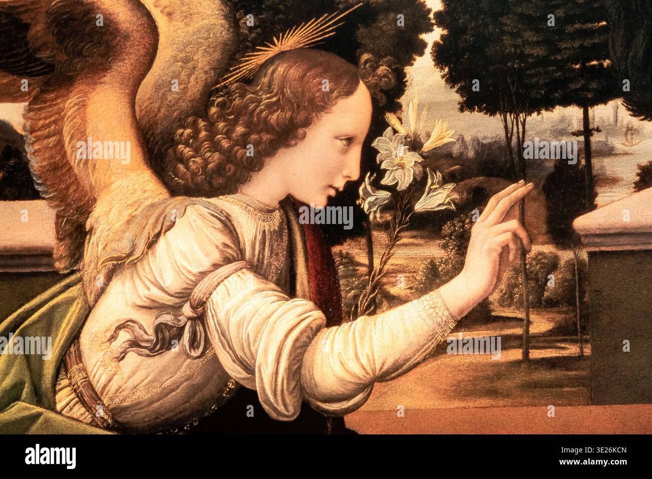 FLORENCE, ITALIE - MARS 2026 : détail de la peinture de Léonard de Vinci Annonciation, 1475. Galerie Uffizi, huile et tempera sur bois, 98 x 217 cm Banque D'Images