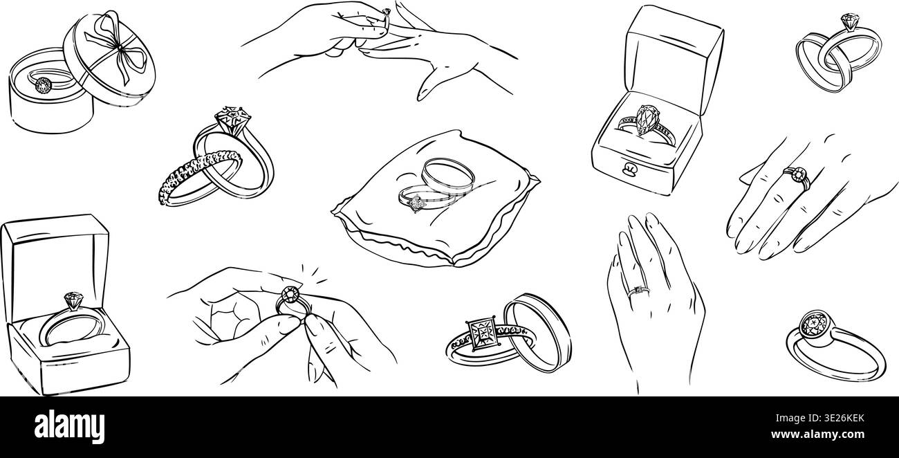 Bague proposition de mariage avec bagues de fiançailles bijoux et pierre précieuse en diamant doodle. Boîte en platine or avec boîtes de bande de boîtier et bandes cadeau de coussin Illustration de Vecteur