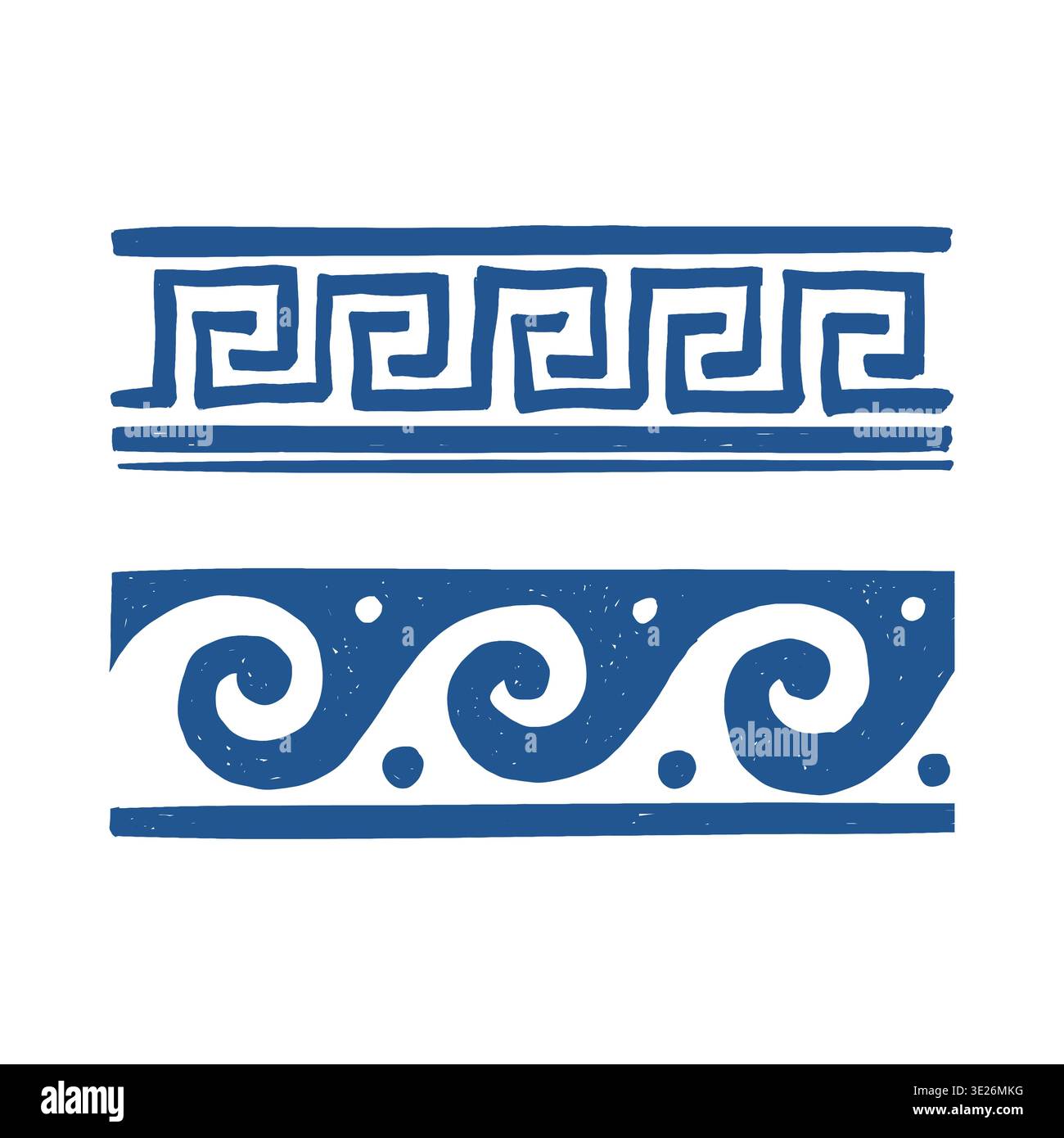 Bordure sans couture dans le style des griffonnages grecs en bleu. Ornement romain dessiné à la main. Vague et motif géométrique dans un style d'esquisse graphique. Bande répétitive ethnique grecque dessinée à la main. Illustration vectorielle isolée sur un fond blanc. Illustration de Vecteur