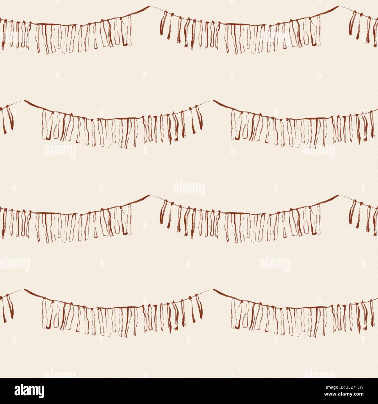Motif de guirlande de pompon sans couture sur fond neutre, texture minimale boho frange dessinée à la main Banque D'Images