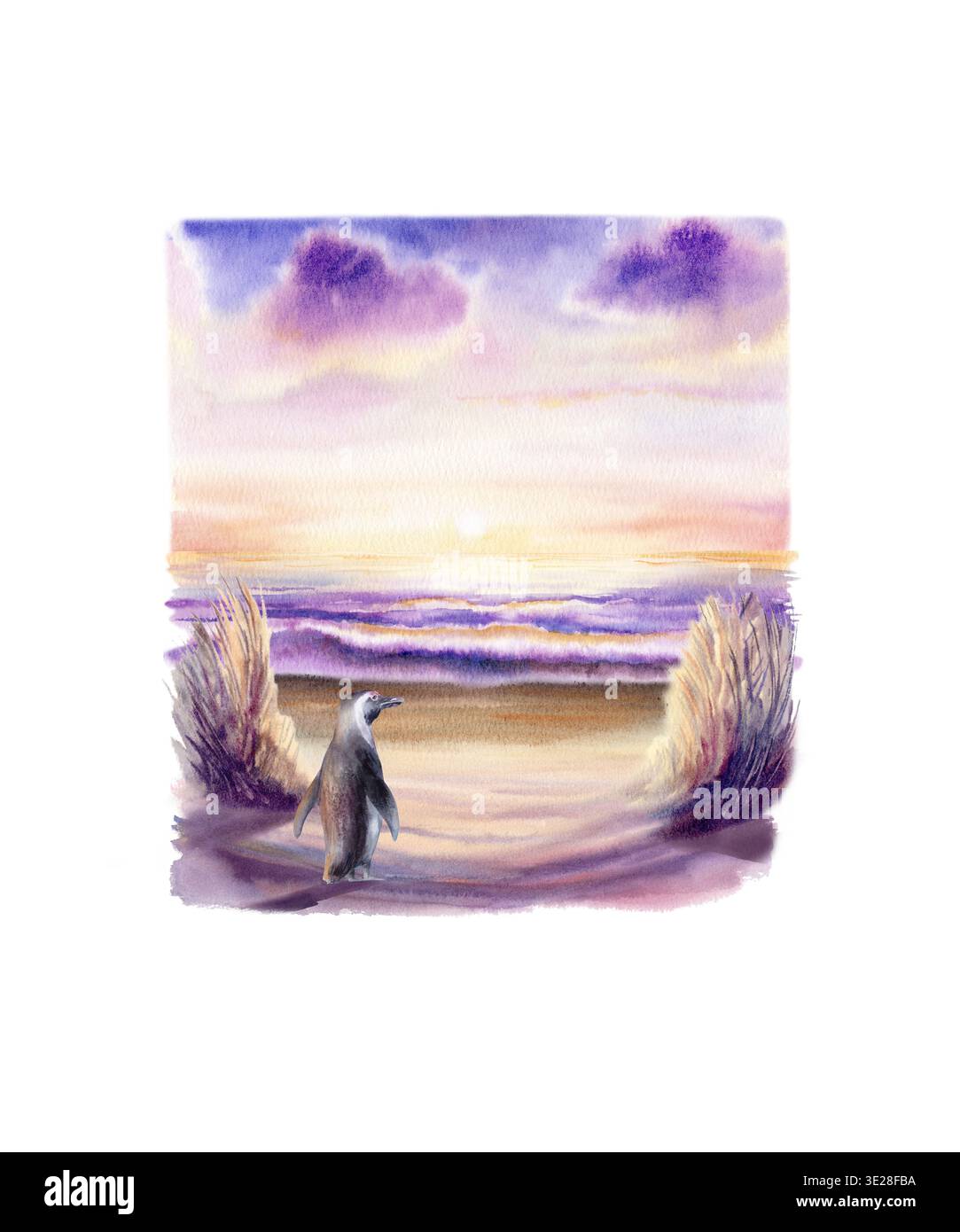 Pingouin africain solitaire, puissante vague océanique, sable humide, ciel, herbe de pampas luisent dans la lumière dorée du coucher de soleil. Illustration d'aquarelle dessinée à la main en jaune vif Banque D'Images