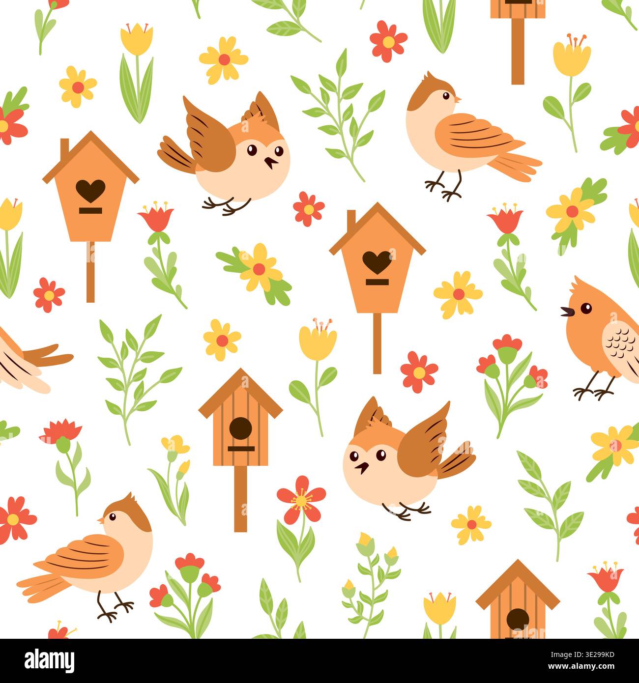 Modèle sans couture avec des oiseaux, des fleurs et des nichoirs Illustration de Vecteur