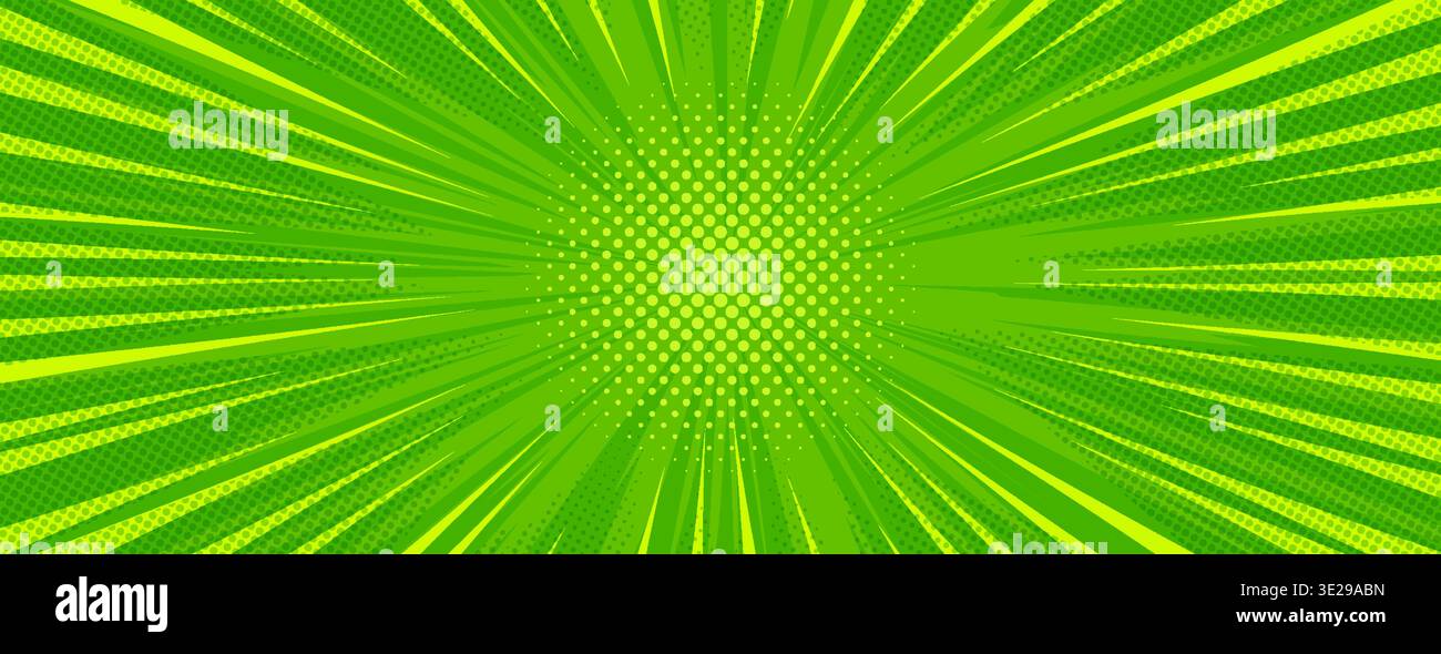 Fond comique vert avec texture demi-teinte pop art et motif starburst. Style de dessin animé rétro avec rayons radiaux, effet pointillé et motif Sunburst. Toile de fond abstraite vibrante pour les affiches de super-héros. Illustration de Vecteur