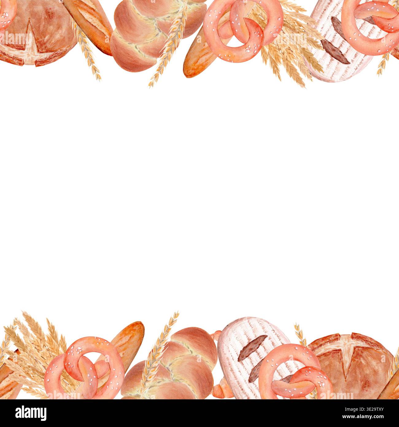 Bordure sans couture de pain et de bretzel avec baguette, croissant et blé. Cadre de boulangerie avec espace de copie pour le texte. Illustration peinte à la main pour Banque D'Images
