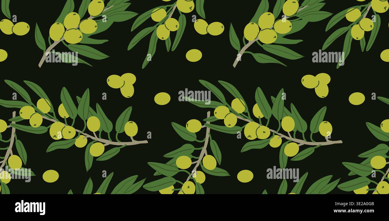 Motif botanique d'été avec des olives vertes. Branche d'olivier et fruits verts sur fond noir. Illustration vectorielle dessinée à la main. Illustration de Vecteur