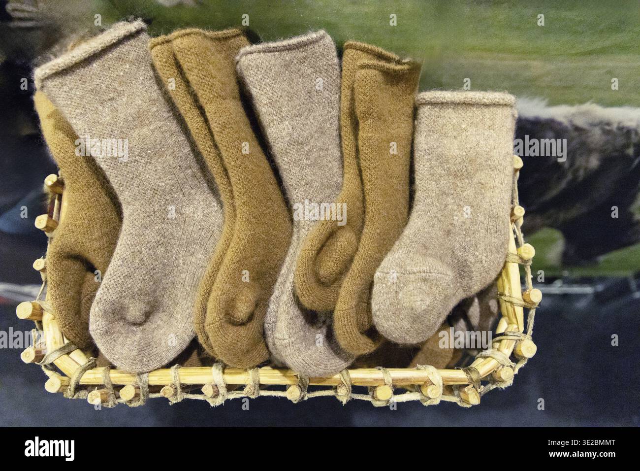 Une collection de chaussettes en laine exposées dans un panier tissé, mettant en valeur leurs textures douces et leurs tons terreux chauds, parfaits pour le confort hivernal Banque D'Images