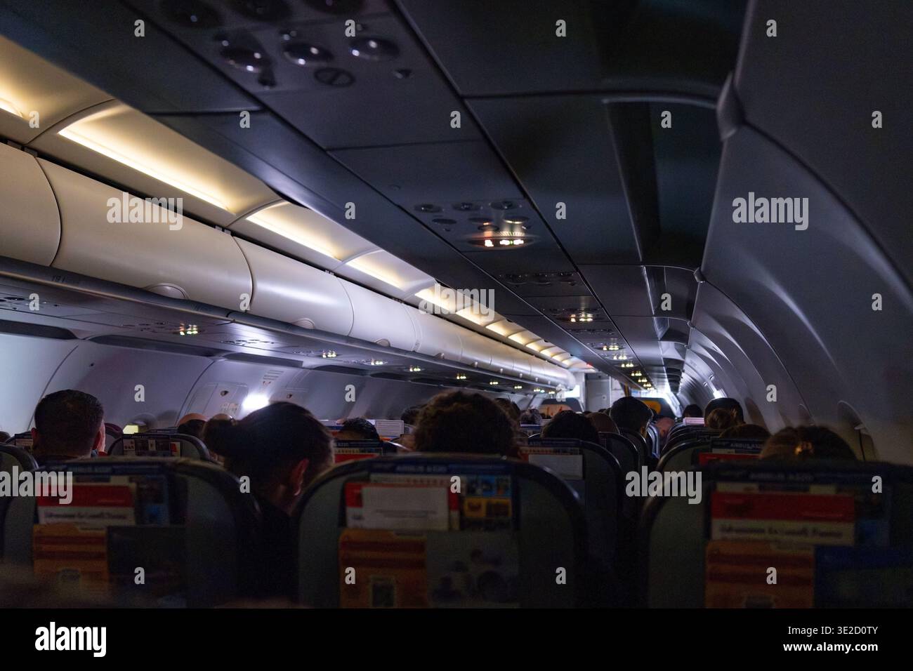 Vue arrière des passagers assis dans une cabine d'avion moderne avec casiers suspendus et panneaux de plafond éclairés capturant l'intérieur du voyage aérien commercial, Banque D'Images