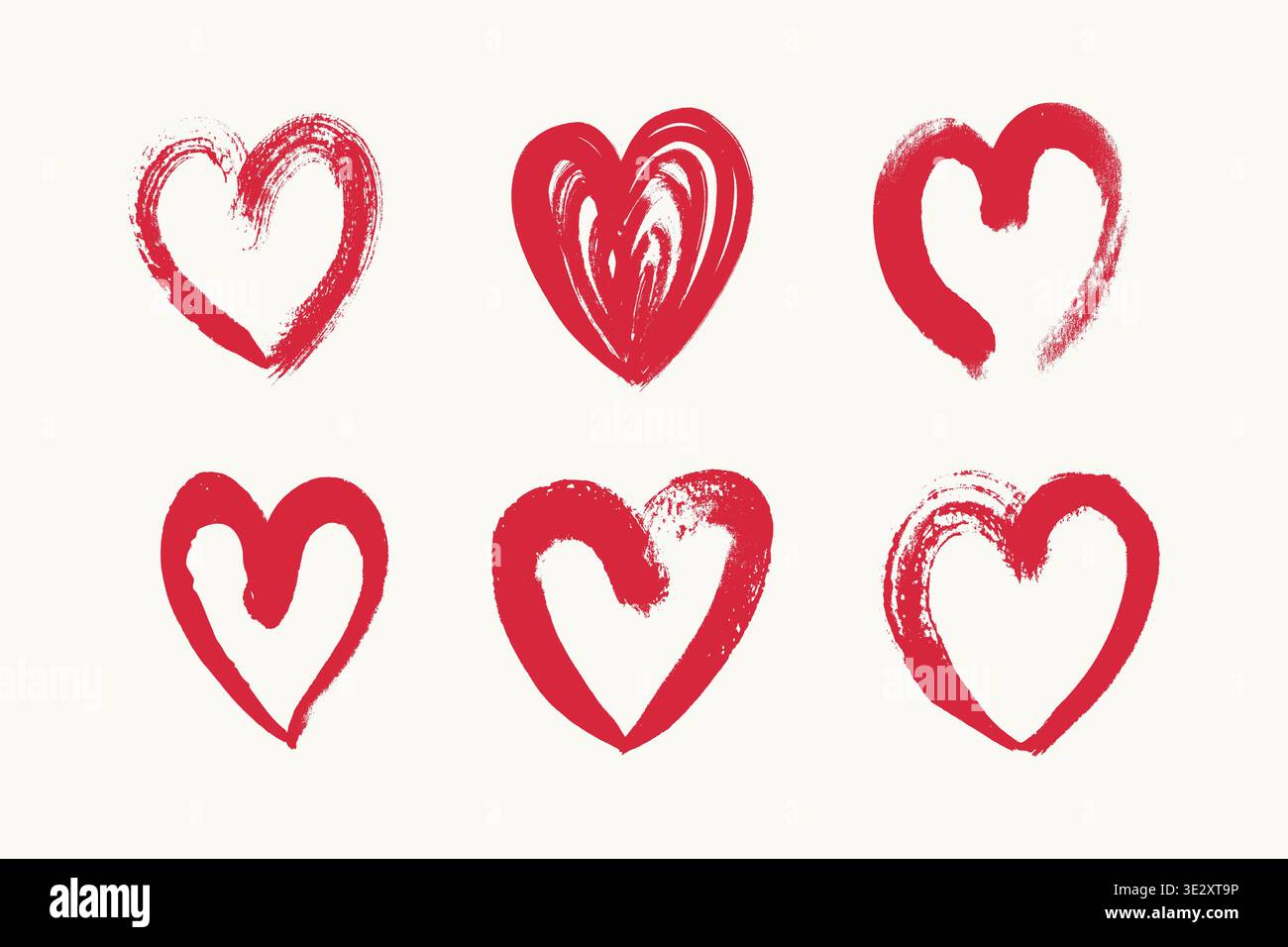 Jeu de coeurs grunge rouges. Pinceau coup de cœur symbole d'amour. Ensemble de coeurs charbon. Icônes de doodle de marqueur cardiaque Illustration de Vecteur