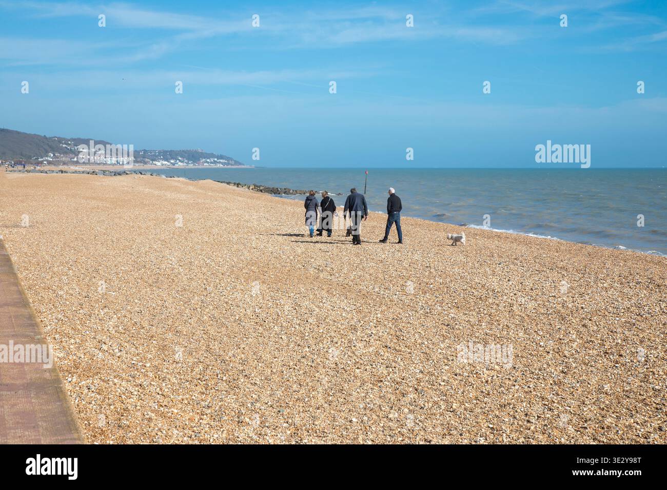 Quatre promeneurs de chiens sur une plage Hythe déserte dans le Kent, Royaume-Uni. Banque D'Images