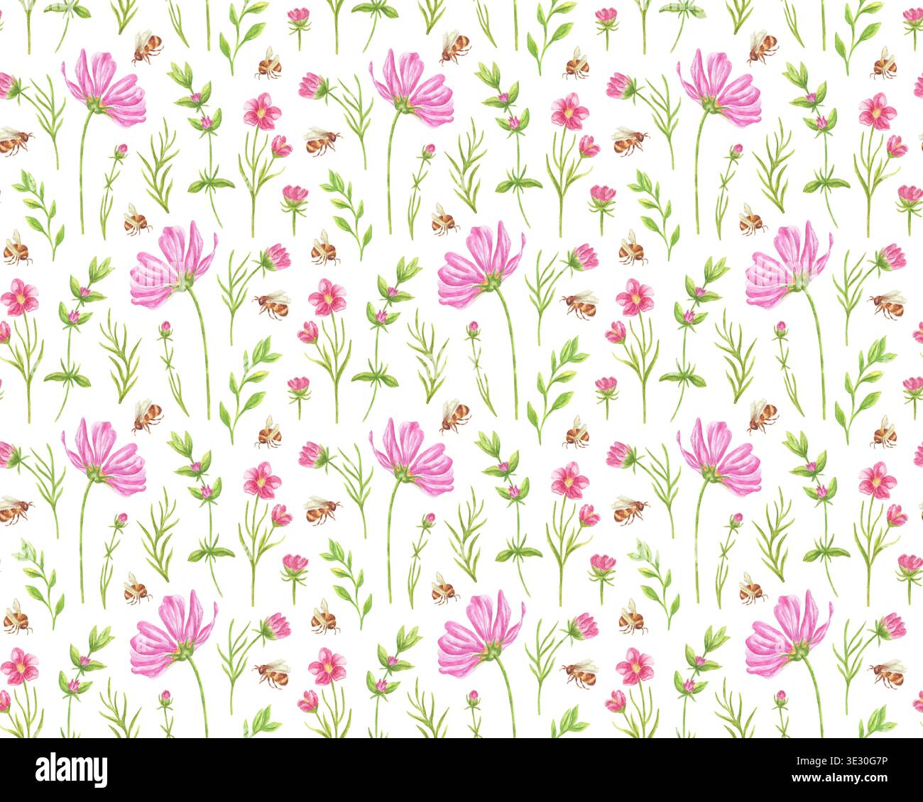 Motif aquarelle sans couture avec des fleurs roses, des herbes de prairie et des abeilles. Imprimé botanique avec des éléments floraux pour la décoration et le papier peint. Imprimé frais d'été pour les textiles de mariage. Banque D'Images