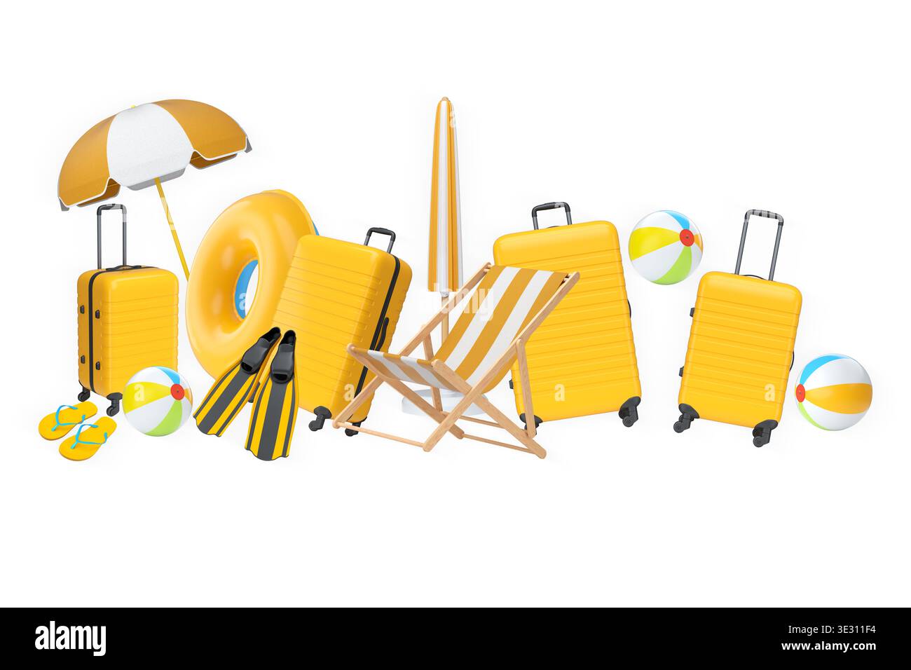 Articles de vacances d'été, y compris les valises, ballons de plage, chaise et accessoires sur fond blanc, concept de voyage de vacances Banque D'Images