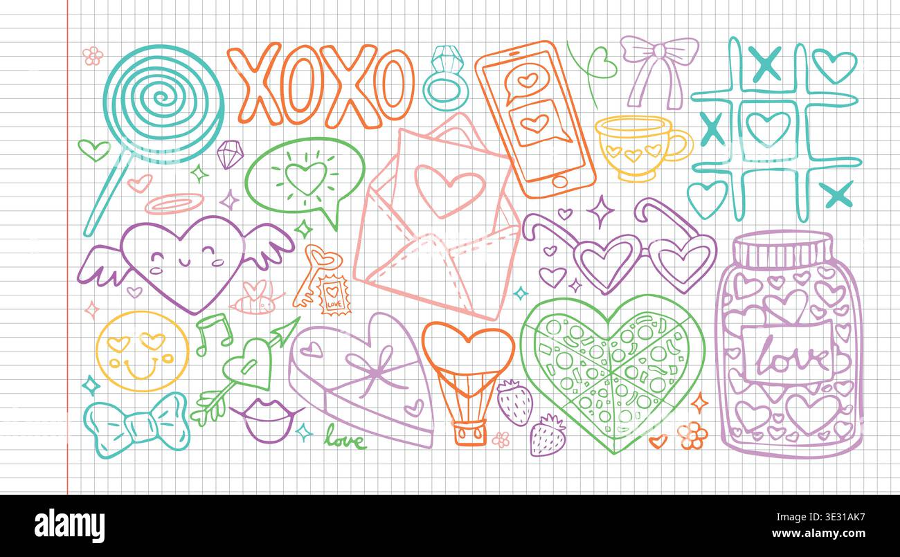 Illustration vectorielle d'amour avec icône de coeur doodle et conception mignonne de la saint-valentin. Mariage set jour avec gâteau élément main et ruban de fête de croquis. Graphique Illustration de Vecteur