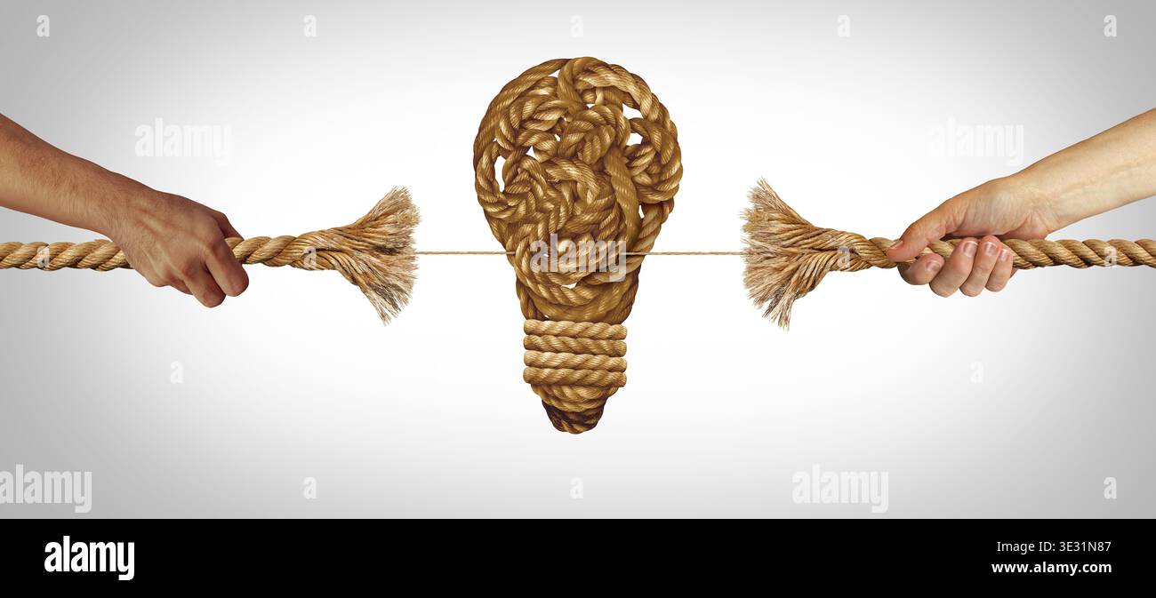 Vision créative bataille comme deux idées opposées dans une traction de guerre tirant une corde sur le point de casser avec une ampoule ou le symbole de l'ampoule comme une busine Banque D'Images