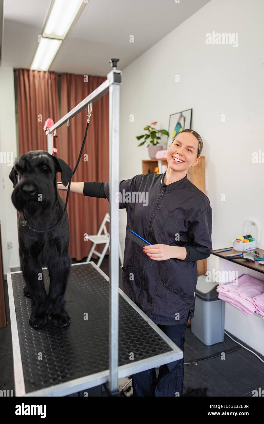 Toiletteur de chien souriant prenant soin du schnauzer géant noir Banque D'Images