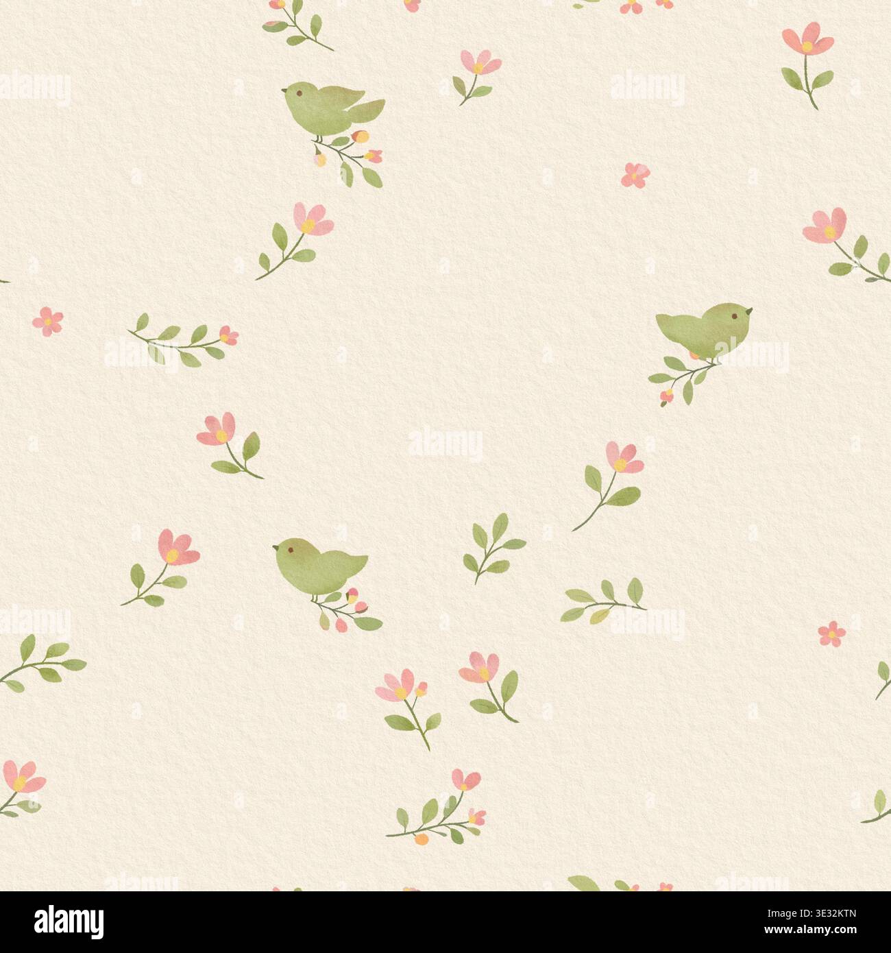 Motif sans couture aquarelle avec de petits oiseaux verts et des éléments floraux sur fond crème chaud Banque D'Images