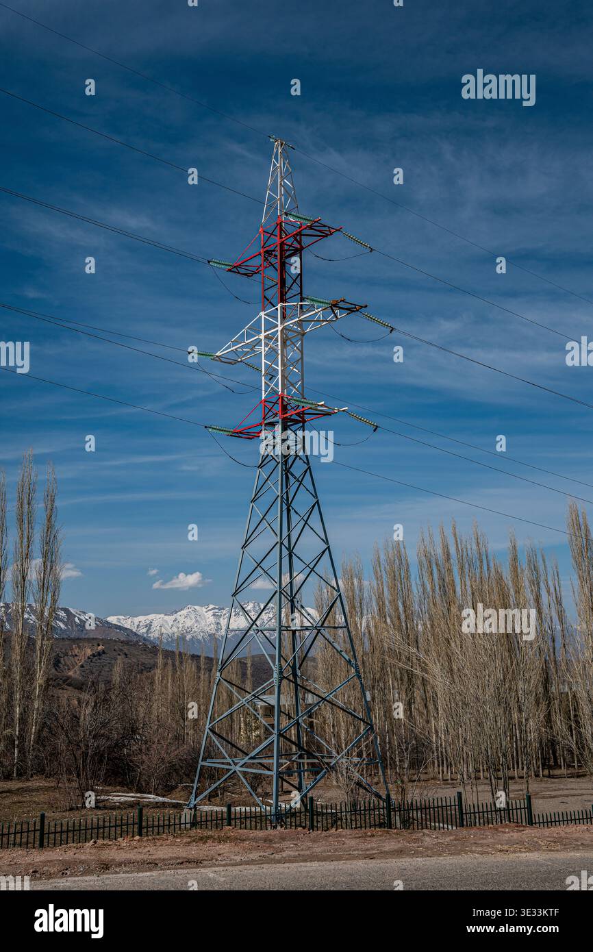 Une grande tour de transmission d'énergie se dresse au milieu d'un paysage pittoresque avec des montagnes et de grands arbres sous un ciel bleu clair. Banque D'Images