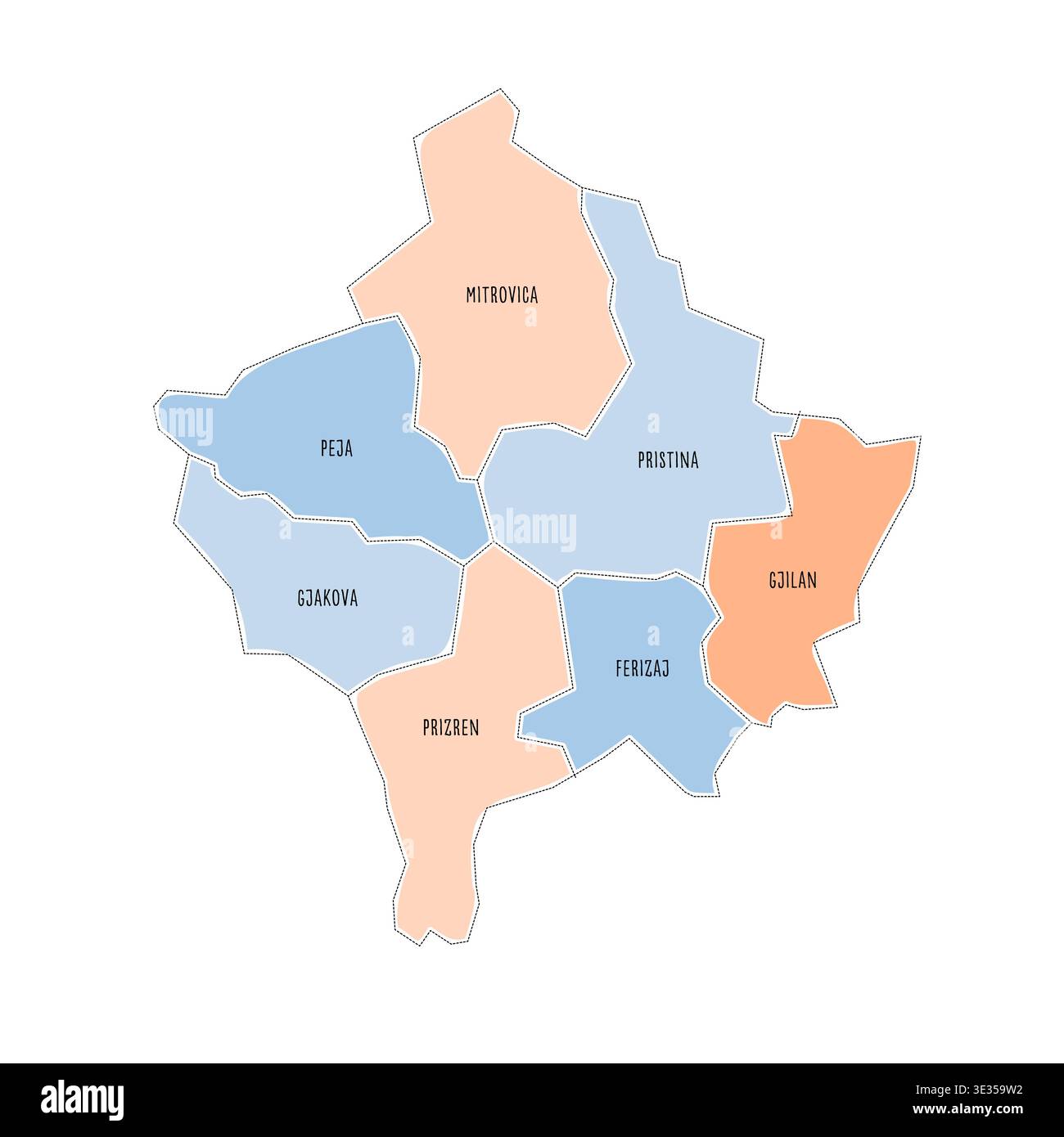 Carte politique du Kosovo des divisions administratives - districts. Carte colorée de style doodle dessinée à la main avec des bordures de contour noir et des étiquettes de nom. Illustration de Vecteur